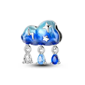 MULA 925 Sterling Silver Blue Enamel Cloud Pendant | Mystical Sky and Raindrops Zircon Beads | Celestial Jewelry for Women and Girls | Fits Pandora Bracelets and Necklaces | Symbol of Growth and Renewal