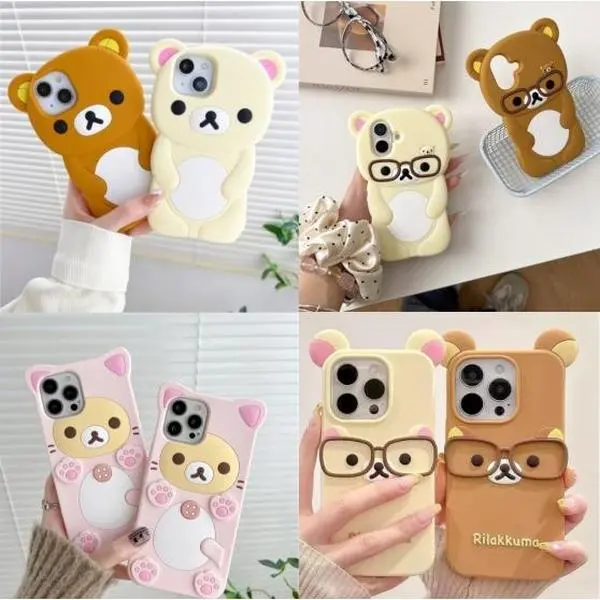 For iPhone 16 15 14 Plus 13 12 Pro Max 11 X Xs Max 7 8 SE 6s 5s Phone Case 3D Cartoon Glasses Rilakkuma Bear Soft Silicone Cover