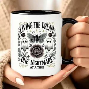 Gothic Moth and Ghost Ceramic Mug Living The Dream Dark Humor Gift Unique Nightmare Coffee Cup