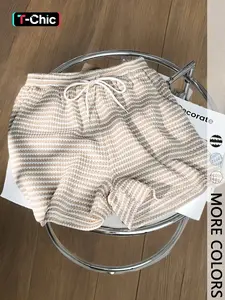 Women's Summer Elastic Drawstring Waist Pockets Shorts, Knitted Pineapple Plaid Striped Fabric, Casual & Suitable For Home, Sportwear Adjustable, Breathable Shorts