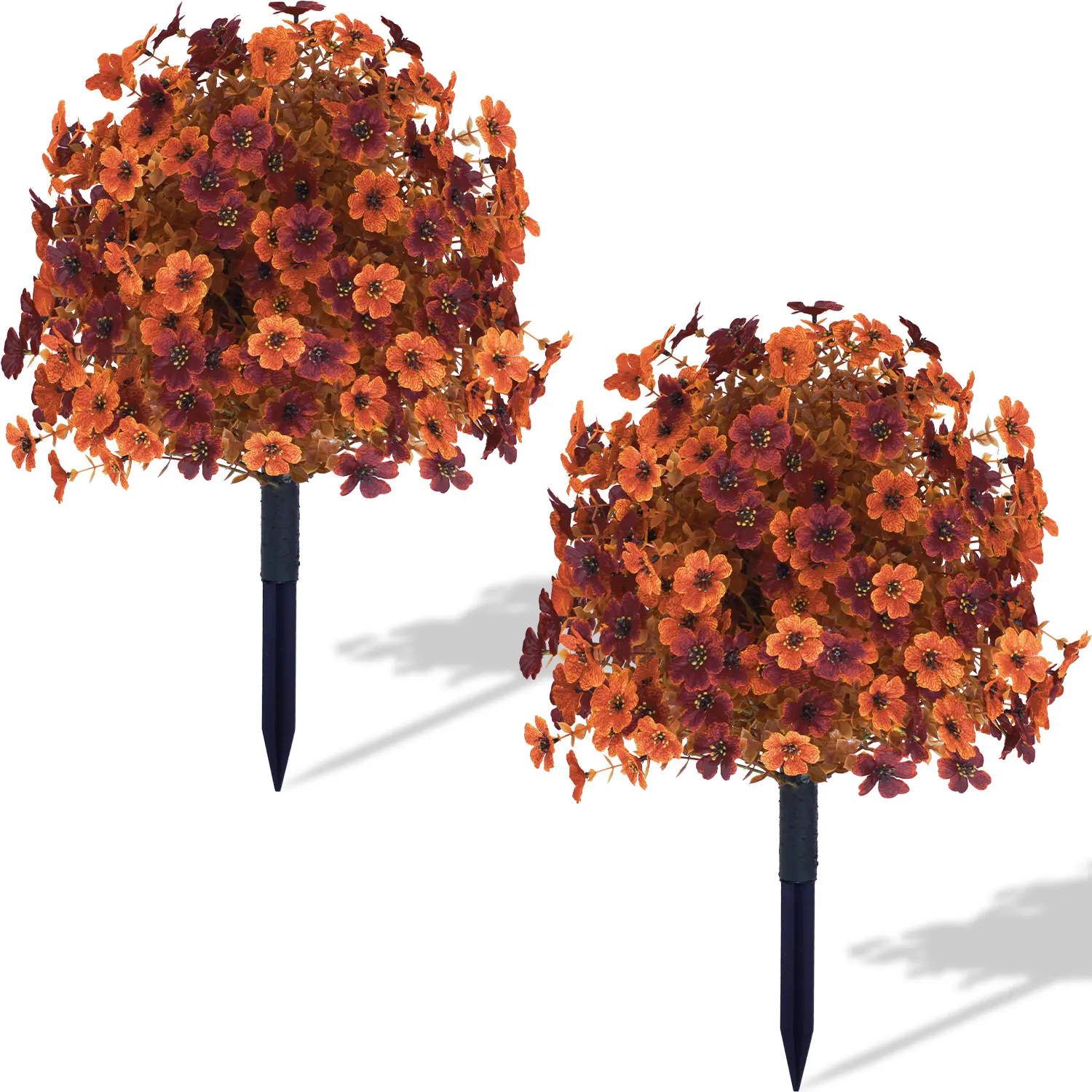 Set of 2 Artificial Autumn-Themed Ground-Insert Flowers (Orange-Red & Violet) – Outdoor Garden & Patio Landscaping Decor – Spherical Floral Accents for Thanksgiving & Autumn Ambiance