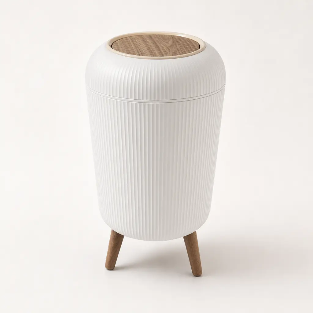 Quiet Luxury Ribbed Standing Trash Bin | Designer Statement Odor Lock Bin For Upscale Condo Living Rooms