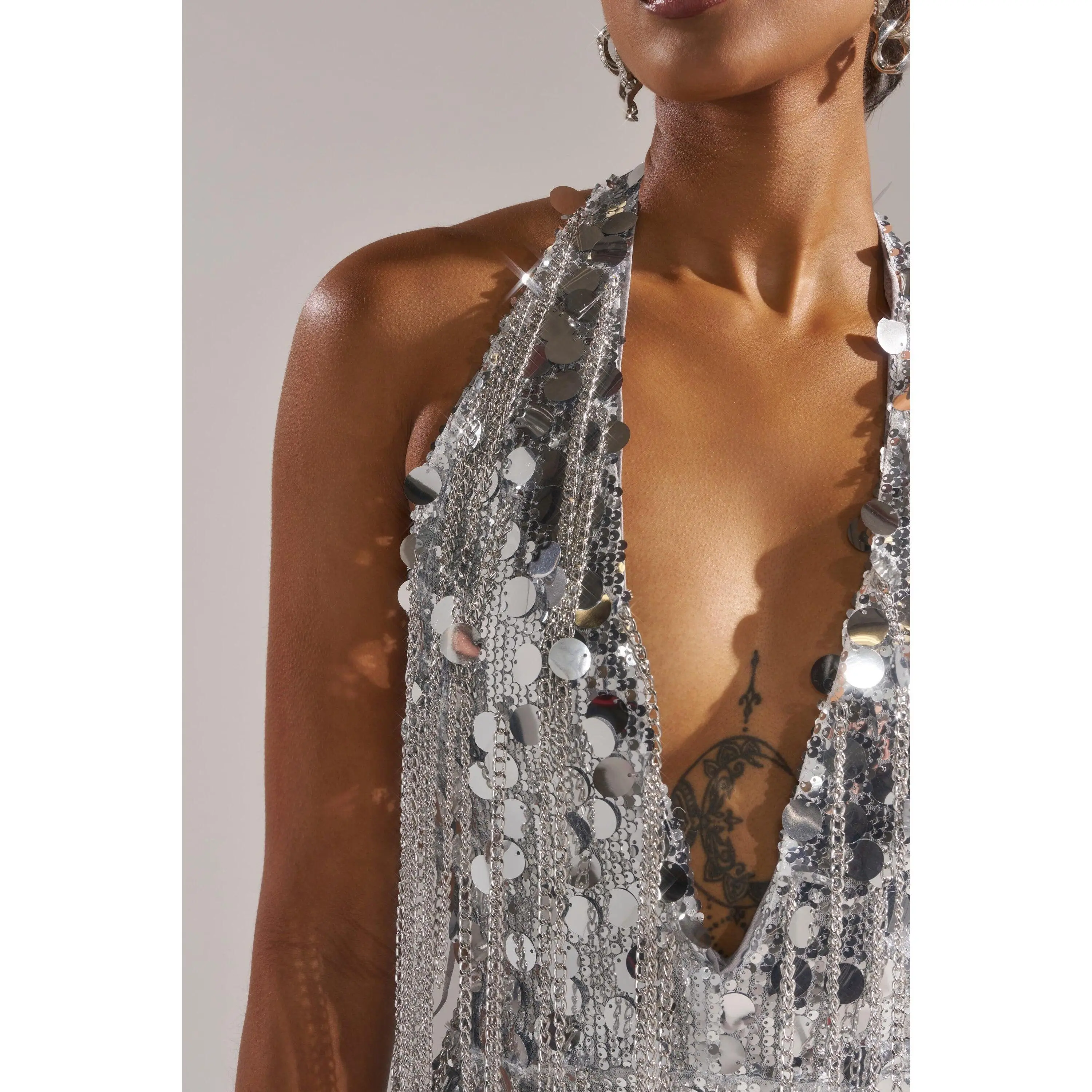 at the disco sequin mini dress Embellished Fringe Trim Long Sleeve Sequin Mock Neck, At The Disco Mini Dress in Silver, Size XL, For Bachelorette Or Birthday