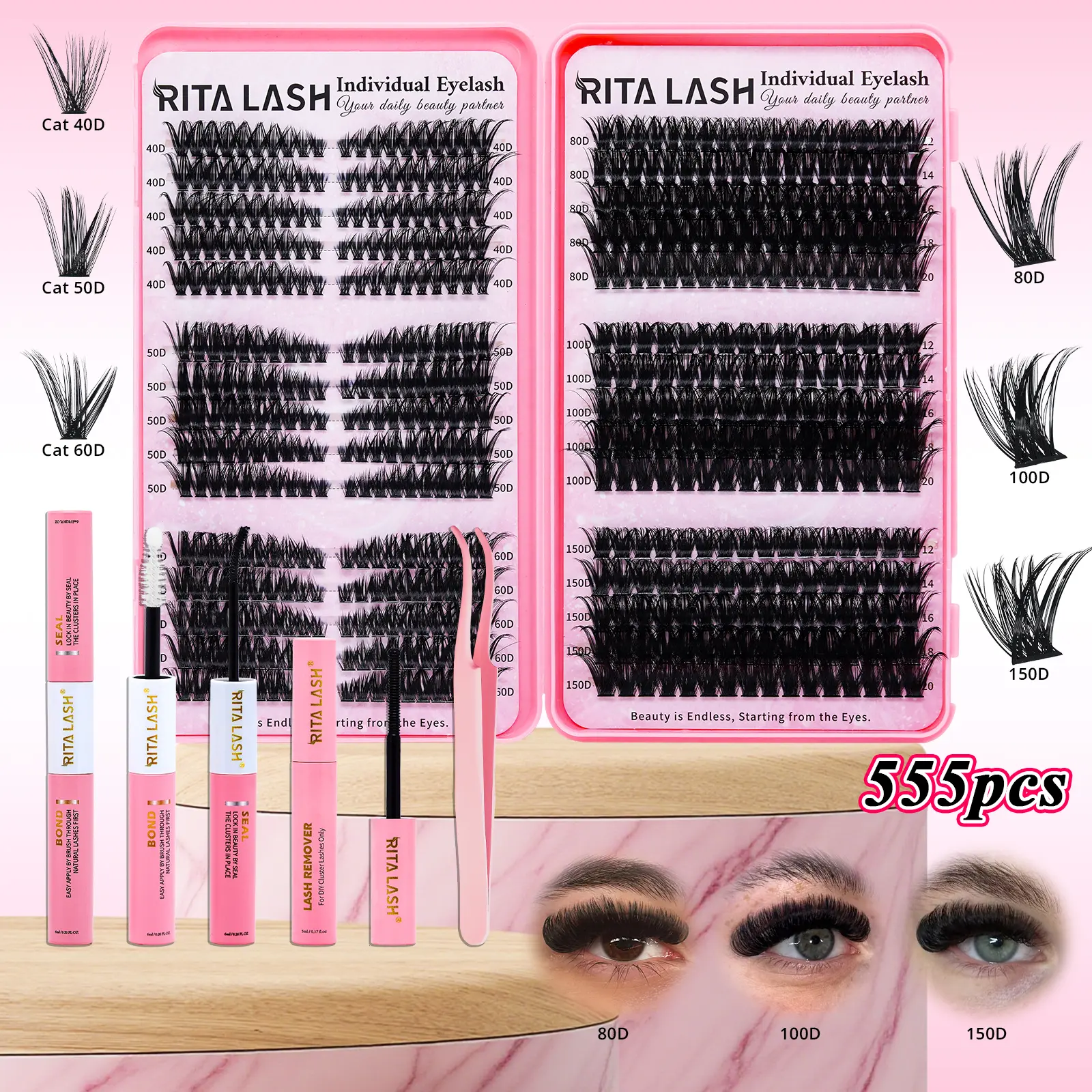 RITALASH 555PCS D Curl Individual Lashes High Capacity Cat Lash 40D+50D+60D 80D100D150D DIY Lash Clusters Extra Thick & Long-Lasting Individual False Eyelashes Kit with Adhesive and Sealer & Remover & Tweezers for Home or On-the-Go Use for Daily Life & Pa