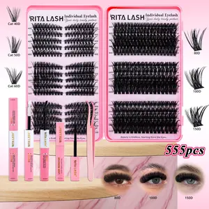 RITALASH 555PCS D Curl Individual Lashes High Capacity Cat Lash 40D+50D+60D 80D100D150D DIY Lash Clusters Extra Thick & Long-Lasting Individual False Eyelashes Kit with Adhesive and Sealer & Remover & Tweezers for Home or On-the-Go Use for Daily Life & Pa