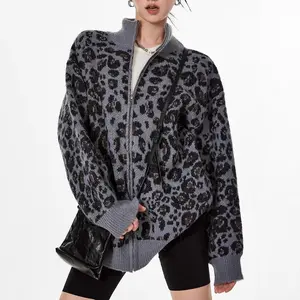Leopard Print Oversized Cardigan - Zip-Up Knit Sweater, Fashion Forward Outerwear for Women, Perfect for Casual & Edgy Looks