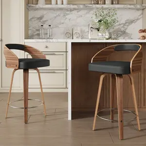 Modern  Stools Set Of 2, PU Leather Upholstered Barstool With Curved Back, Swivel  Chair With Wood Legs, Comfy Counter Stools For Kitchen Island bar