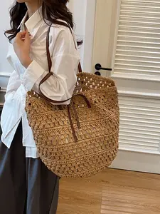 Large Capacity Hollow Weave Tote Bag, New Fashion Single Shoulder Commuter Bag, Ideal for Beach and Vacation, Stylish Straw Bag, Casual Lightweight Bag