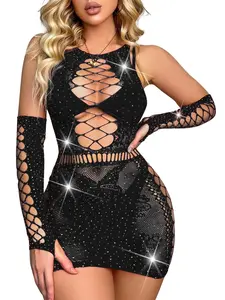 Sexy Sparkly Rhinestone Bodysuit - Rave Exotic Mesh Fishnet Club Dancewear Outfits Jumpsuit Cutout Dress for Women Womenswear Tops Comfort Basic