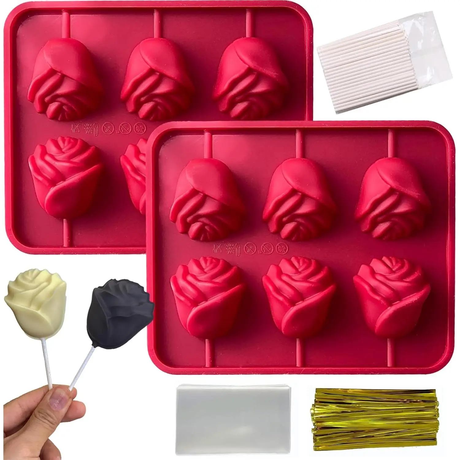 Rose Flower Lollipop Molds, 2 Pack Rose Silicone Chocolate Candy Molds with 100 Sticks 3D Flowers Cake Pops Mold Sucker Mold for  Soap Hard Candy Making