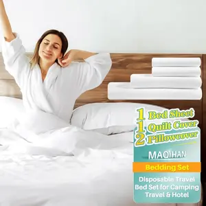 Travel Bed Set - 4Pcs Disposable Bedding Set 1Bed Sheet 1Quilt Cover 2Pillowcover Breathable Bedding Sheets Portable for Camping Travel & Hotel