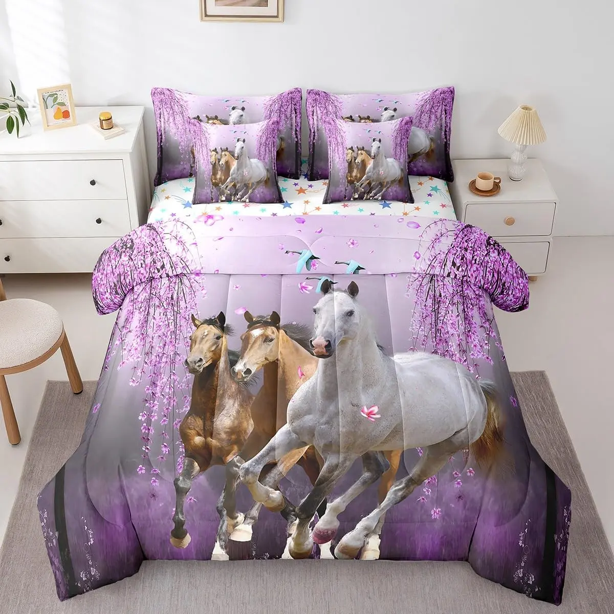 Feelyou 7-Piece Multi-Size Horse Bed-in-a-Bag Bedding Set, Lavender Purple Comforter with Sheets, Cherry Blossom Branches & Galloping Horse Wild Animal Themed Linens, Seven Pieces