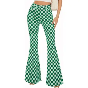 ODEFOU Women's High-Waisted Design Stretch Checkered Plaid Flared Jeans - Casual Retro Streetwear Bell Bottom Denim Bootcut Pants