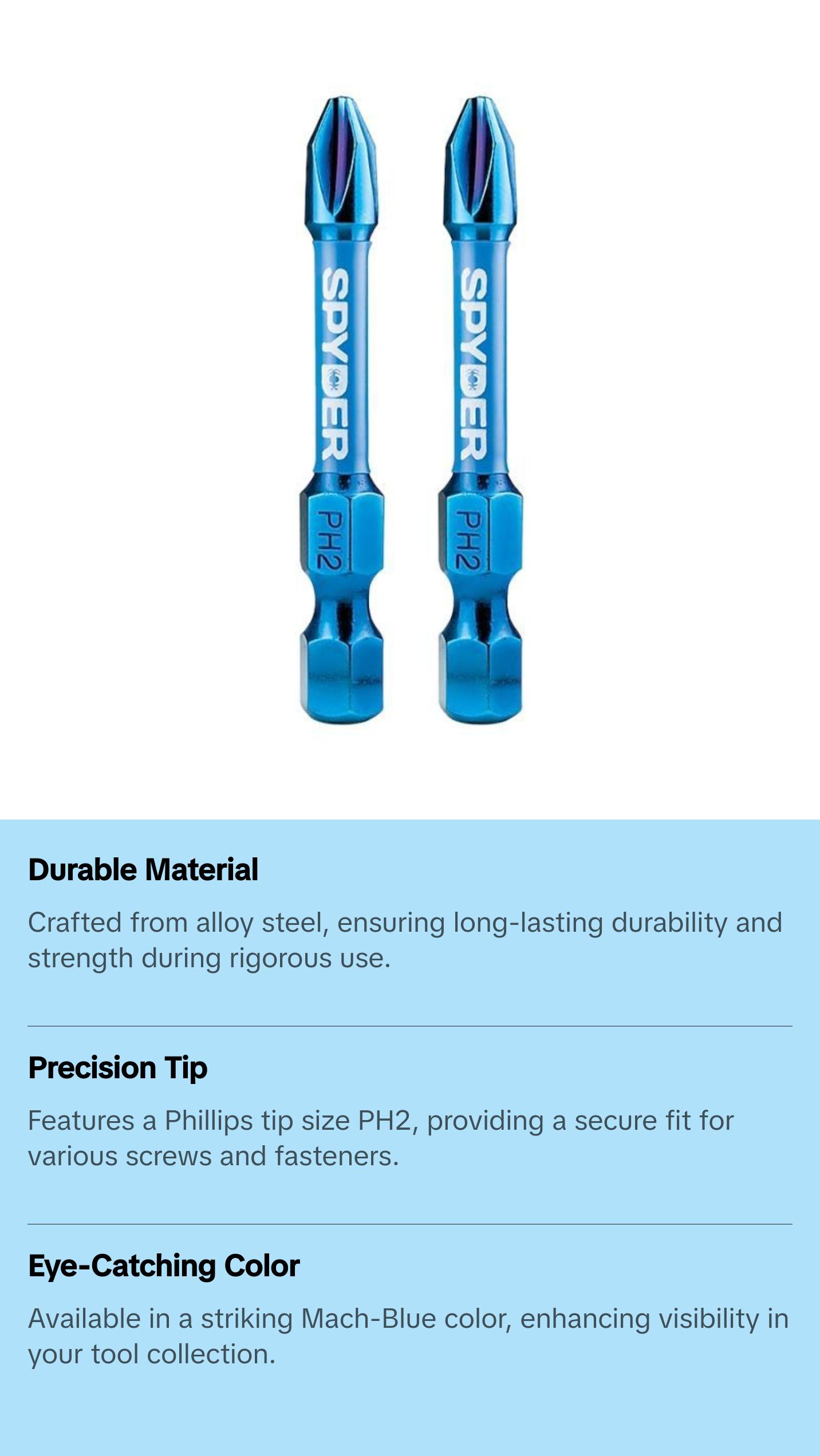 Spyder 19046 Mach-Blue PH2 1/4-in x 2-in Phillips Impact Driver Bit 2 Piece