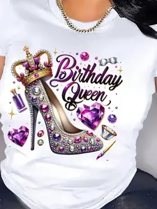 Women's Birthday Queen Sparkling Rhinestone High Heel & Jewelry Graphic T-Shirt - Glitter Lettering Casual Party Outfit, Round Neck Short Sleeve Regular Fit Birthday Celebration Top for Women, Festive Clothing, Trendy Fashion, Machine Washable, Comfortabl