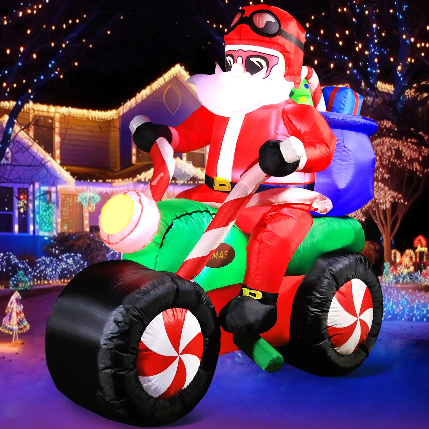 6FT Christmas Inflatables Motorcycle, Santa Claus Ride Motorcycle Blow up Giant Yard Decoration, Outdoor Built-in LED Lights Party Lawn Holiday Winter Decor