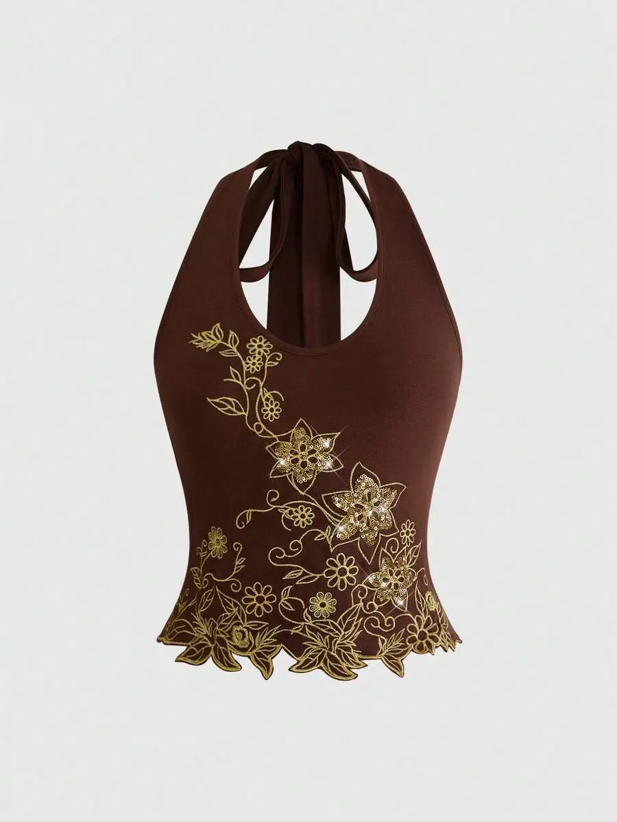 Women's Vintage Hippie Music Festival Beaded Vine Embroidered Halter Neck Vest Night Out Brown Floral Summer