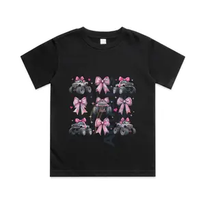 Monster Truck 4 Wheeler Offroad Girl Coquette Bow Pink Cotton T-shirt, Graphic Print Round Neck Short Sleeve Casual Tee for Boys Girls