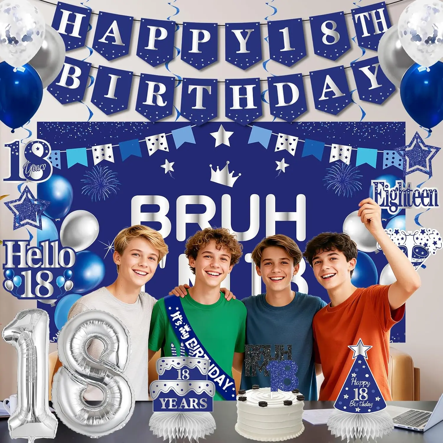 25PCS Blue & Silver Unisex 18th Birthday Decorations Set - Party Supplies with "Bruh I’m 18" Banner, Cake Topper, Balloons - Funny Gifts for Outdoors, Indoor Celebrations