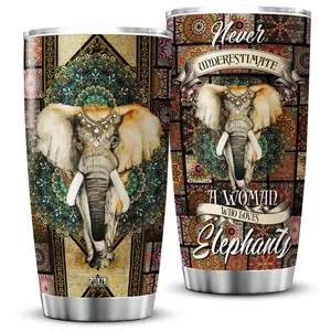 ZOXIX Mandala Tumbler Cup Never Underestimate A Woman Who Loves Elephants Insulated Mug With Lid 20oz Ethnic Pattern Elephant Tumbler For Women Vintage Animal Mugs Coffee Cups