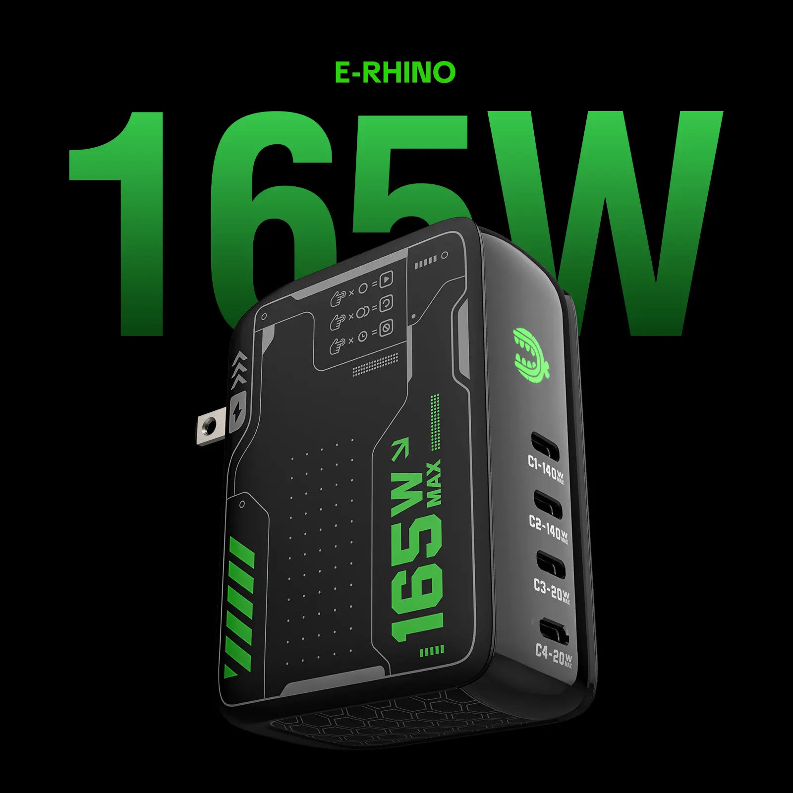 mfish E-RHINO 165W GaN USB-C Laptop Charger, 4-Port Wall Charger with Smart Power Display and Foldable US Plug