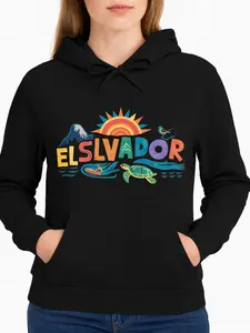 El Salvador Hoodie Black Colorful Beach Scene & Text Travel Souvenir Unisex Winter Cozy Fleece Hooded Long Sleeve Sweatshirt Made In Usa 100% Cotton Regular Fit