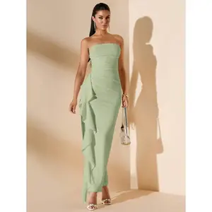 Sleeveless Off-Shoulder Pleated High Slit Ruffle Wrap Long Dress, White, For Bridesmaids Wedding Party And Summer Occasions,Summer Dresses For Women,Tea Party Dress Fabric Fit summer outfits birthday dress white dress baby shower dresses