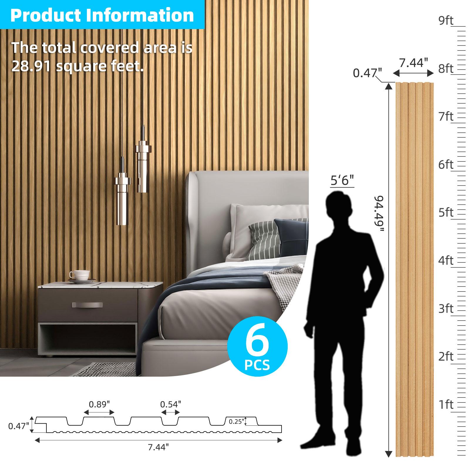 【New】Art3d  6-Pack 3D Textured MDF Wood Slat Wall Panels, 94.6" x 7.4", Covers 28.91 Sq.Ft., DIY Interior Wall & Ceiling Decor Panels