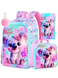 Girls' Backpack Set, 16 Inch Koala Design Bookbag with Lunch Box, Kindergarten Elementary School Use, All Seasons Casual Style
