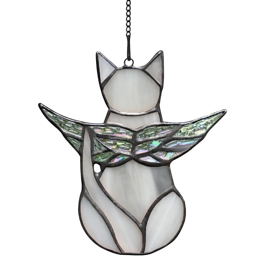 Angel Wing Cat Memorial Gifts for Loss of Cat Sympathy Gift, Cat Iridescent Stained Glass Window and Christmas Hangings