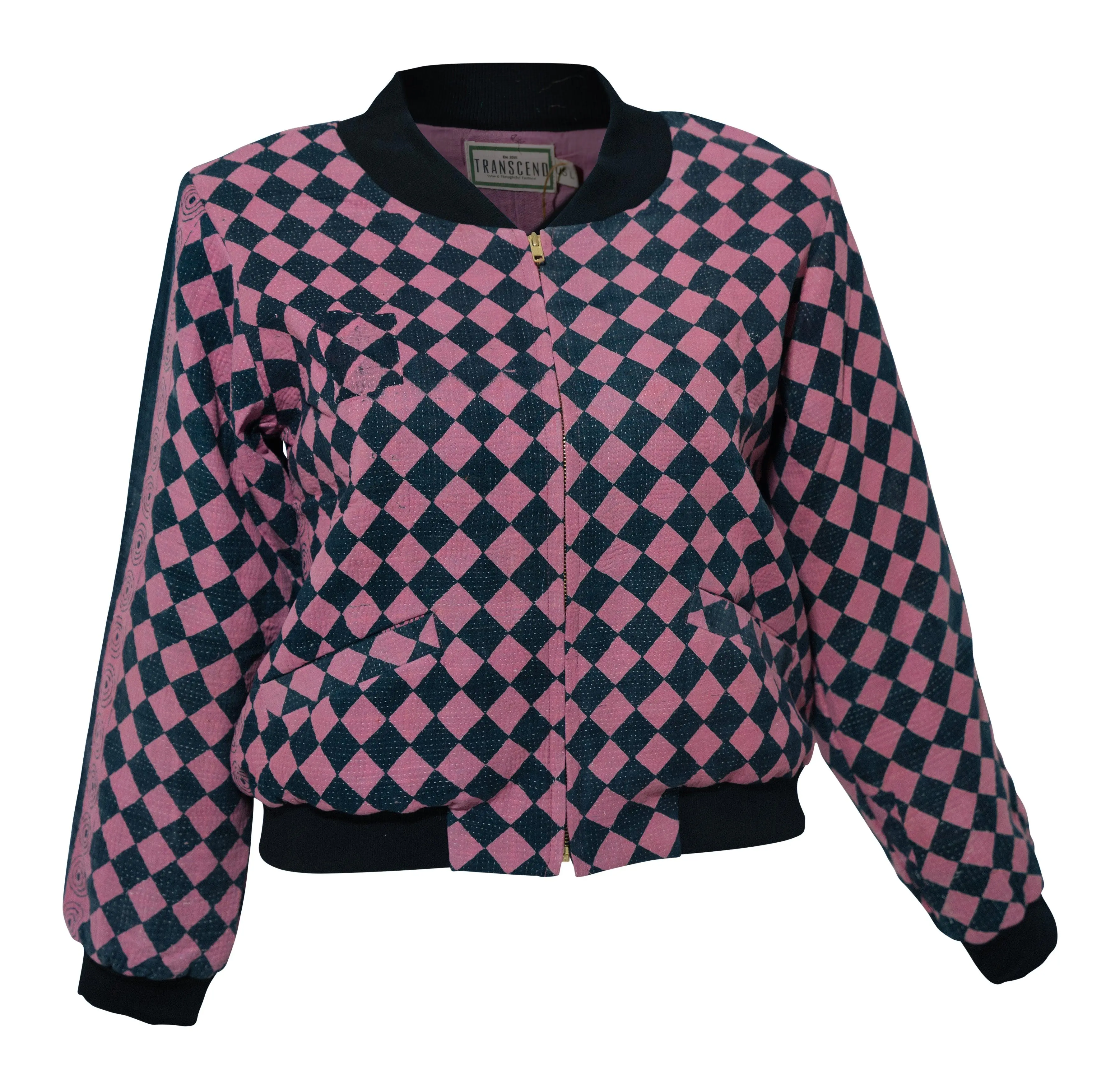 NADIA BOMBER JACKET - Vintage Kantha - PINK & BLACK SMALL DIAMONDS - LARGE