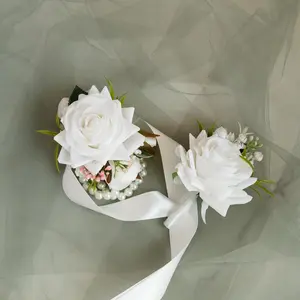 Elegant Real Touch White Rose Pearl Bracelet, Wrist Corsage Wedding Gift for Her, Bridesmaid, Mom, Prom Boutonniere, Bridal Accessories