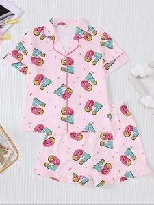 Six Seven 67 Theme Candy Children's Sleepwear Two-Piece Set: Flared Collar Shirt with Short Sleeve and Elastic-Waist Shorts Casual Set, Cartoon Colorful 67 Candy Embellished Print, Suitable for Elementary School Girls to Wear at Holiday Parties and Home,