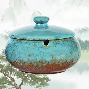 Artisan Ceramic Ashtray with Lid – Elegant Blue Decorative Tray for Indoor & Outdoor Use | Porch, Home Office, Patio Decor with Smoke & Odor Control