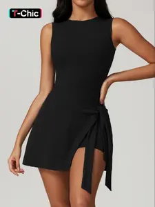 Women's Solid Wrap Tie Side Round Neck Tank Dress, Casual Style Sleeveless Short Dress for Daily Wear, Ladies Clothes for All Seasons