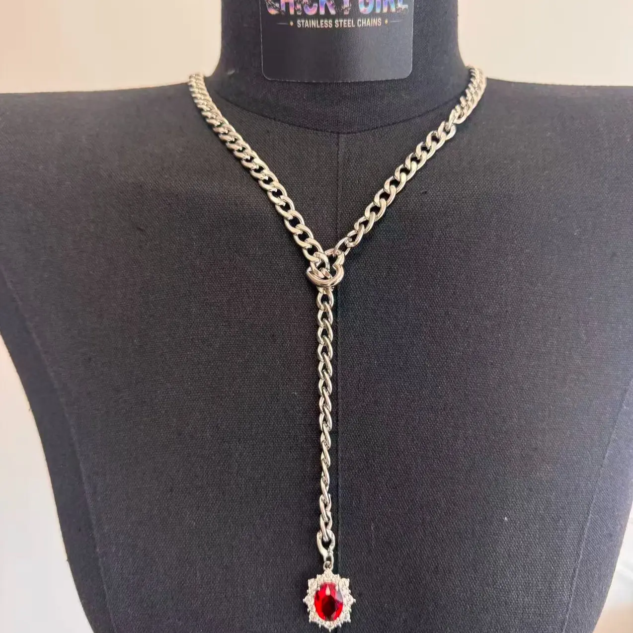 Oval Gem Slip Chain Jewelry Necklace, Adjustable Durable Thick Chain for Couples, Gf, Bf, Fashion Jewelry for Alternative Women & Men, Gothic Girl Chain Daily Collar, Altfashion Necklace with Pull Chain