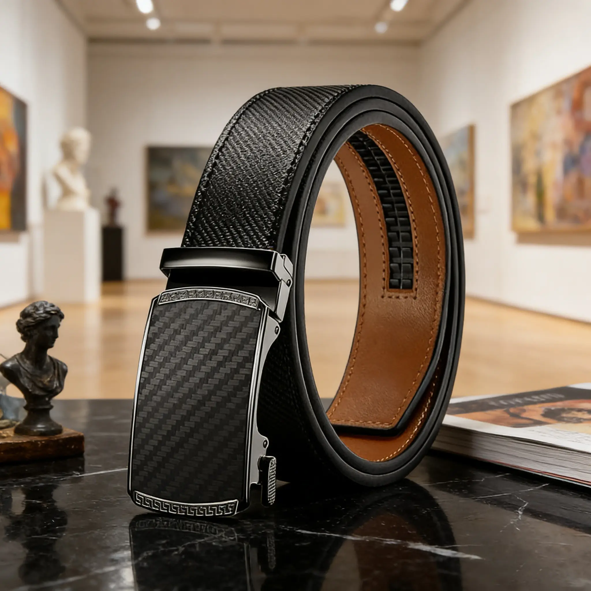 Carbon Fiber Pattern Automatic Buckle Belt Men Adjustable Ratchet Dress Belt Genuine Leather Lined Casual Business Waist Strap
