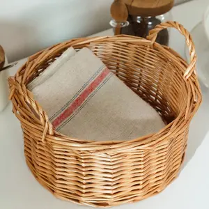 Natural Woven Round Storage Basket with Dual Handles, Simple Rustic Design, Ideal for Kitchen and Living Room Organization