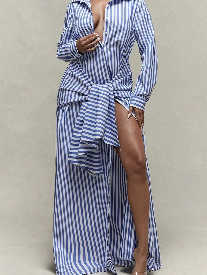 Pinstripe Woven Shirt Tie Waist Maxi Dress