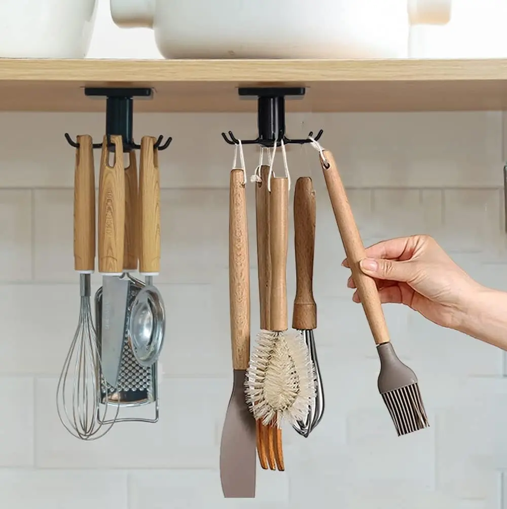 [New Deal] 2 PCS Drilling-Free Adhesive Under Cabinet Kitchen Utensil Hooks, 360° Rotating Black Wood Hanging Rack for Work Tools, Towels, Knives