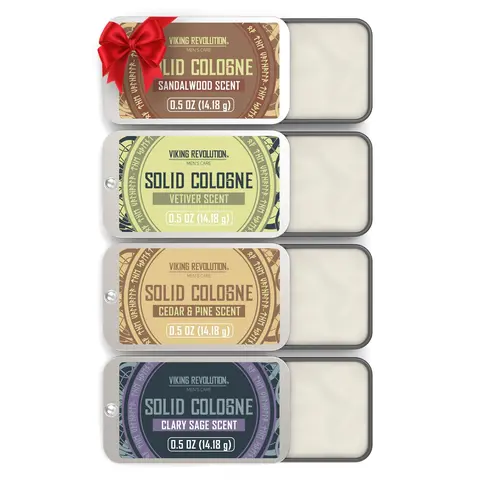 Viking Revolution Solid Cologne for Men - 4 Pack Travel Size Balm | Alcohol-Free | Cedar, Sandalwood, Vetiver, Clary Sage | 0.5oz Each