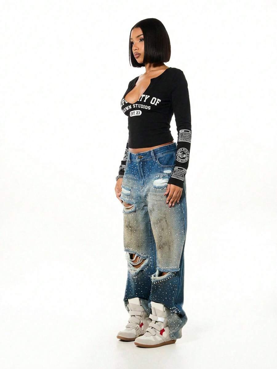 WOMEN Women's Long Sleeve Cropped Top With Square Neckline And University Print Graphics Black Streetwear Casual Top