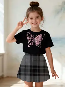 Girls' Casual Summer Short Sleeve Dress Set, Fashion Outdoor Sports 3D Butterfly Print Round Neck Top & Dress 2 Piece Set