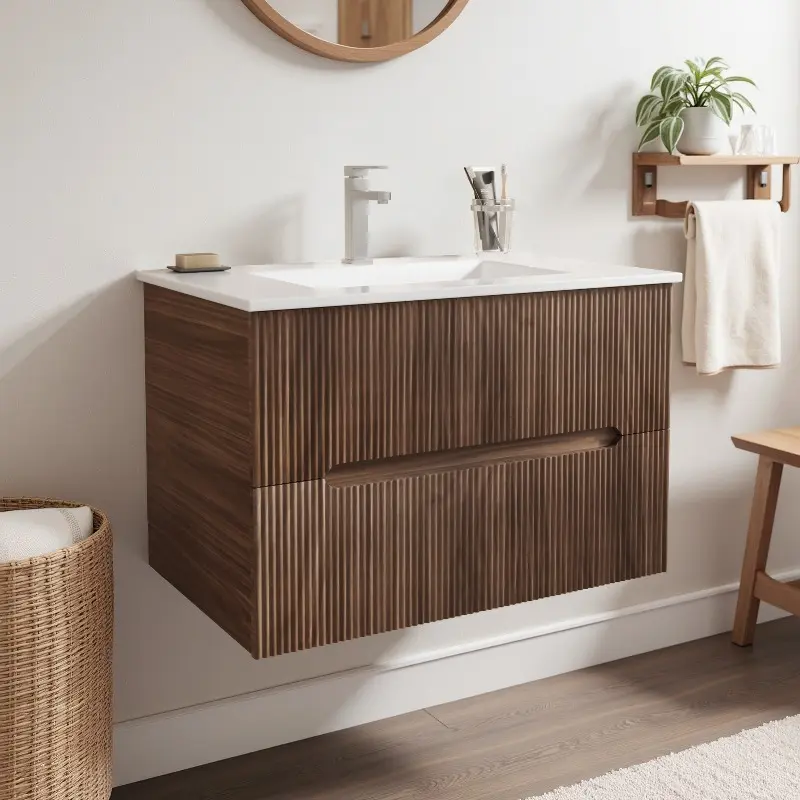30" Floating Bathroom Vanity with Sink, Wall-Mounted Vanity Cabinet with 2 Soft-Close Drawers, Modern Bathroom Sink Cabinet, Brown/Black/White
