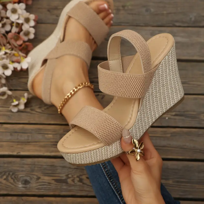 Women's 2026 Summer Vacation Essential Stylish Elegant Open Toe Fashion Elastic Double Strap Espadrille Wedge Sandal Shoes, Ankle Strap Platform Footwear for Beach, Poolside & Casual Summer Days #summerwins #ModoPartido