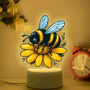 Cute Bee Acrylic Night Light, USB Plug-And-Play, Warm Non-Irritating Light, Bee on Daisy, One-Touch Switch, Durable Decorative Lamp