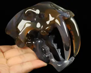 5.2" Premium Brazilian Agate Carved Crystal Smilodon SABER-TOOTHED Tiger/Cat Skull, Crystal Healing