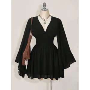 2026 Women's Gothic V-neck fitted waist dress, elegant long-sleeved mini dress, autumn/winter lantern sleeve dress, flared skirt