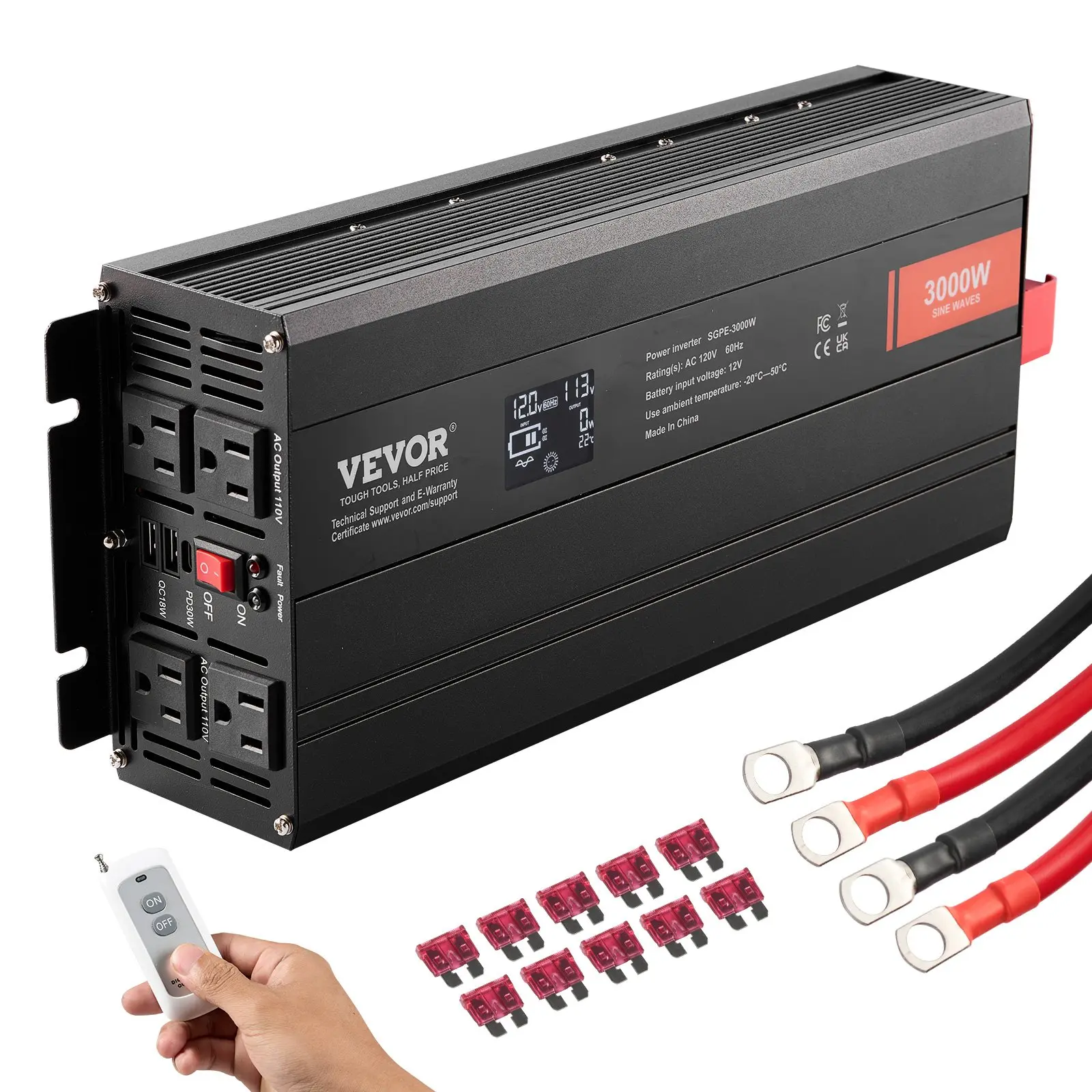 【Summerfinds】VEVOR  Pure Sine Wave Inverter, 3000 Watt, DC 12V to AC 120V Power Inverter with 2 AC Outlets 2 USB Port 1 Type-C Port, LCD Display and Remote Controller for Large Home Appliances, CE FCC Certified