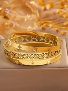 3pcs exquisite and fashionable stainless steel floral pattern bracelets, suitable for dates, parties, and daily commuting, are the ideal gift for her